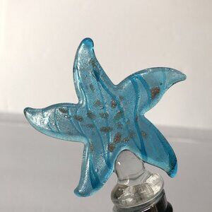 Art Glass Bottle Stopper Sea Starfish Art Deco Blue Gold Swirl Barware Coastal